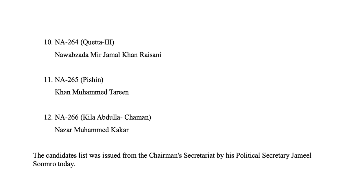 MediaCellPPP's tweet photo. Karachi: Pakistan People's Party Parliamentarians has announced the list of Party Candidates for National Assembly from Balochistan province. The candidates list was issued from the Chairman's Secretariat by his Political Secretary @SoomroJameel today. https://t.co/Fzl1GFBV7s