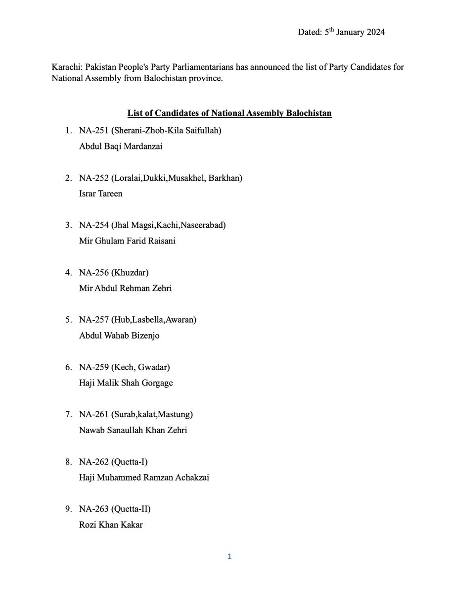 MediaCellPPP's tweet photo. Karachi: Pakistan People's Party Parliamentarians has announced the list of Party Candidates for National Assembly from Balochistan province. The candidates list was issued from the Chairman's Secretariat by his Political Secretary @SoomroJameel today. https://t.co/Fzl1GFBV7s