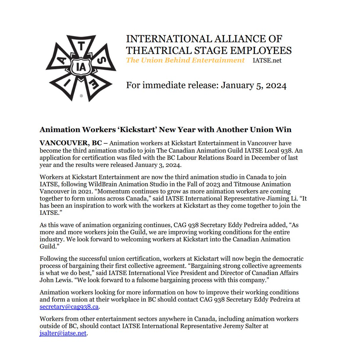 Animation workers at Kickstart Entertainment in Vancouver have become the third #animation studio to join IATSE @CAG938. Congratulations and welcome to the @IATSE family!! #WeDrewAUnion #union #UnionStrong #solidarity Press release avail here: shorturl.at/klxAY