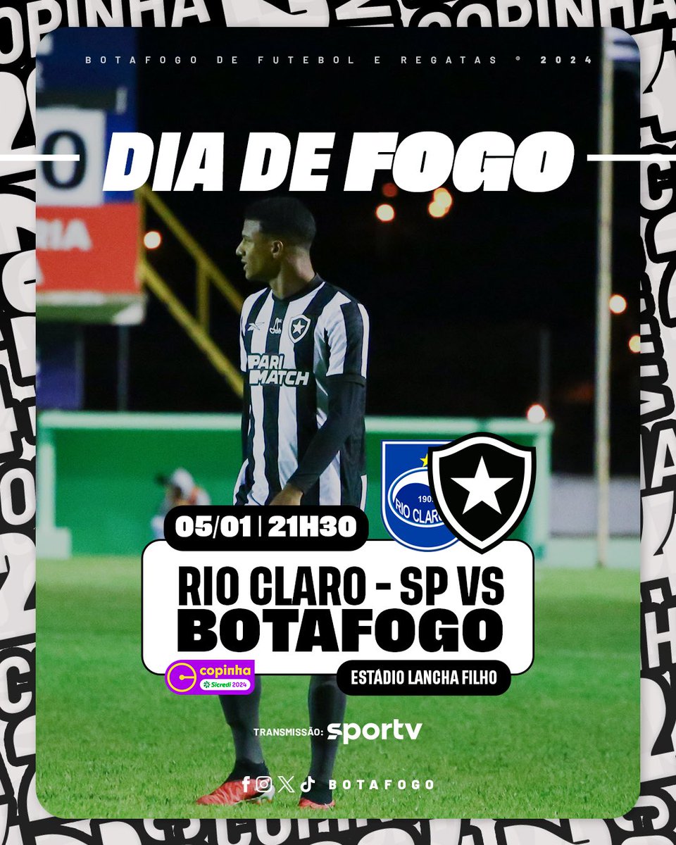 Botafogo's tweet photo. DIA DE FOGO 🔥
O Botafogo enfrenta o Rio Claro-SP pela 2ª rodada da Copinha, às 21h30, no Estádio Lancha Filho. A partida terá transmissão do Sportv. Vamos, garotada! 🌟 #BFRBaseForte #FogoNaCopinha24 https://t.co/56nFGEkMKL