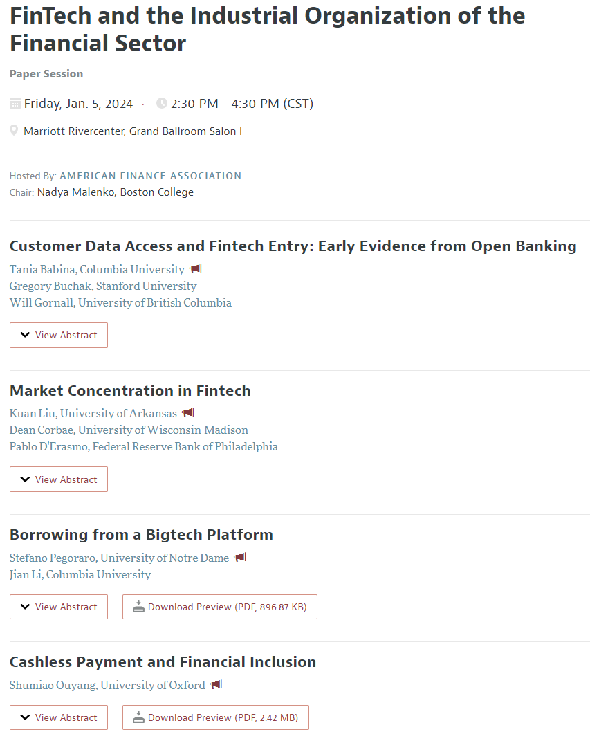 If you are into fintech, come to our #ASSA #AFA session today at 2.30 pm at Marriott Watercenter, Grand Ballroom Salon I.

Thanks Nadya Malenko for organizing and discussants <a href="/pbeaum/">Paul Beaumont</a>, <a href="/EXjiang/">Erica Xuewei Jiang</a>, Deeksha Gupta, Emily Williams for taking the time to provide feedback on papers!
