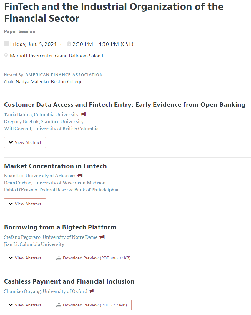 If you are into fintech, come to our #ASSA #AFA session today at 2.30 pm at Marriott Watercenter, Grand Ballroom Salon I. Thanks Nadya Malenko for organizing and discussants @pbeaum, @EXjiang, Deeksha Gupta, Emily Williams for taking the time to provide feedback on papers!