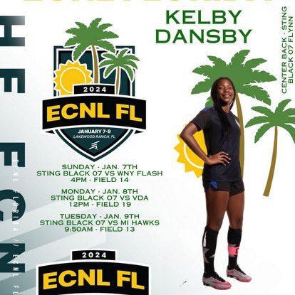 Kelby Dansby (@dansby_kelby12) on Twitter photo First Showcase of 2024!!! So excited to compete in #ECNLFL this weekend!! Go <a href="/StingECNL07/">StingDallasBlack07ECNL</a>!!😎⚽️🌴
<a href="/adamflynnAF/">Adam Flynn</a> <a href="/TopDrawerSoccer/">TopDrawerSoccer</a>
<a href="/MIZCoachGolan/">Stefanie Kraay Golan</a> First Showcase of 2024!!! So excited to compete in #ECNLFL this weekend!! Go <a href="/StingECNL07/">StingDallasBlack07ECNL</a>!!😎⚽️🌴
<a href="/adamflynnAF/">Adam Flynn</a> <a href="/TopDrawerSoccer/">TopDrawerSoccer</a>
<a href="/MIZCoachGolan/">Stefanie Kraay Golan</a>