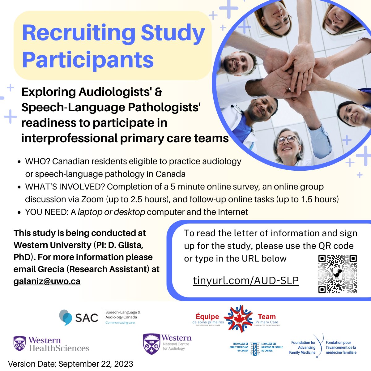 Are you a Canadian-practicing audiologist or speech-language pathologist? Researchers @WesternU are seeking audiologists or speech-language pathologists to participate in a study on #PrimaryCareTeams. If you have questions reach out to the listed contact person