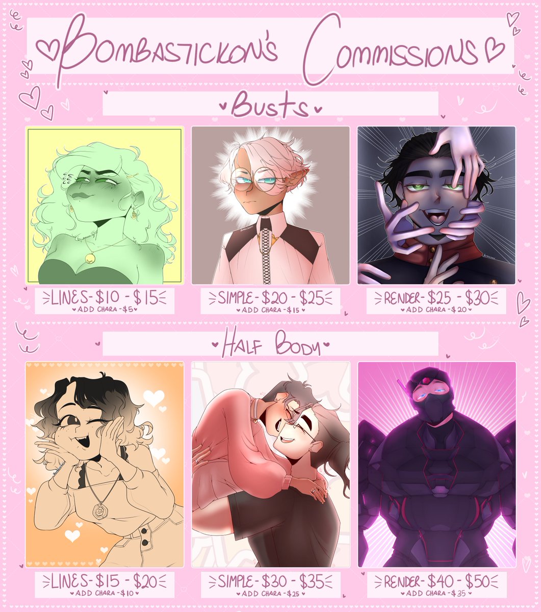 Bombastickon's tweet photo. `♡´  COMMISSIONS OPEN!ヾ(≧▽≦*)o 

♡ customs! illustrations! ocs! dnd! whatever youd'd like! 
♡ comes with: timelapse &amp; loyalty card! more info in the replies!  

˚ʚ♡ɞ˚ website &amp; more examples: https://t.co/QlhYFwOqGW
˚ʚ♡ɞ˚ email: bombastickon@gmail.com

#commissionsopen https://t.co/teJwQUdDo1