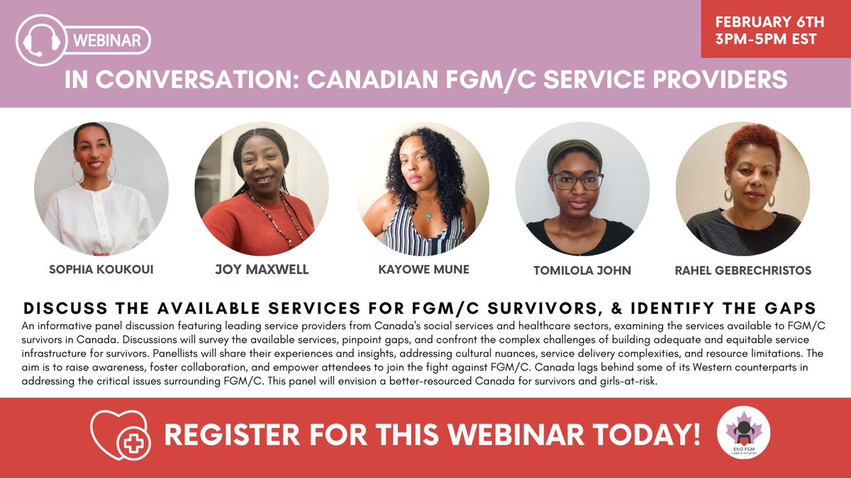 Feb. 6th 3PM-5PM EST An informative panel discussion featuring leading service providers from Canada's social services and healthcare sectors, examining the services available to FGM/C survivors in Canada. endfgm.ca/conference #EndFGM #Frontlineworkers #teacher #education