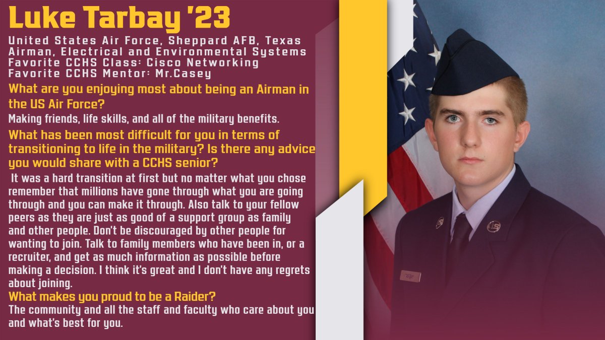 ColonieCCPC's tweet photo. This week's #raiderroundup is Luke Tarbay '23, an Airman in the US Air Force stationed at Sheppard AFB in Texas.  We loved hearing about Luke's hard work and determination paying off, and about the close friendships made with his fellow Airmen. Thank you for your service, Luke! https://t.co/MP9DJaM13l