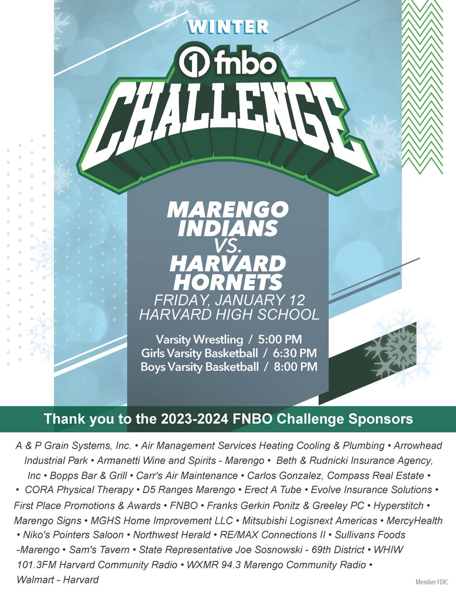 D50Athletics's tweet photo. Don't forget the winter version of the #FirstNationalChallenge is coming to Harvard next Friday, January 12 versus Marengo. Wrestling starts at 5pm, Girls Basketball at approx 6:30pm, and Boys Basketball at approx 8pm. #FNC https://t.co/VqPI7vpE6M