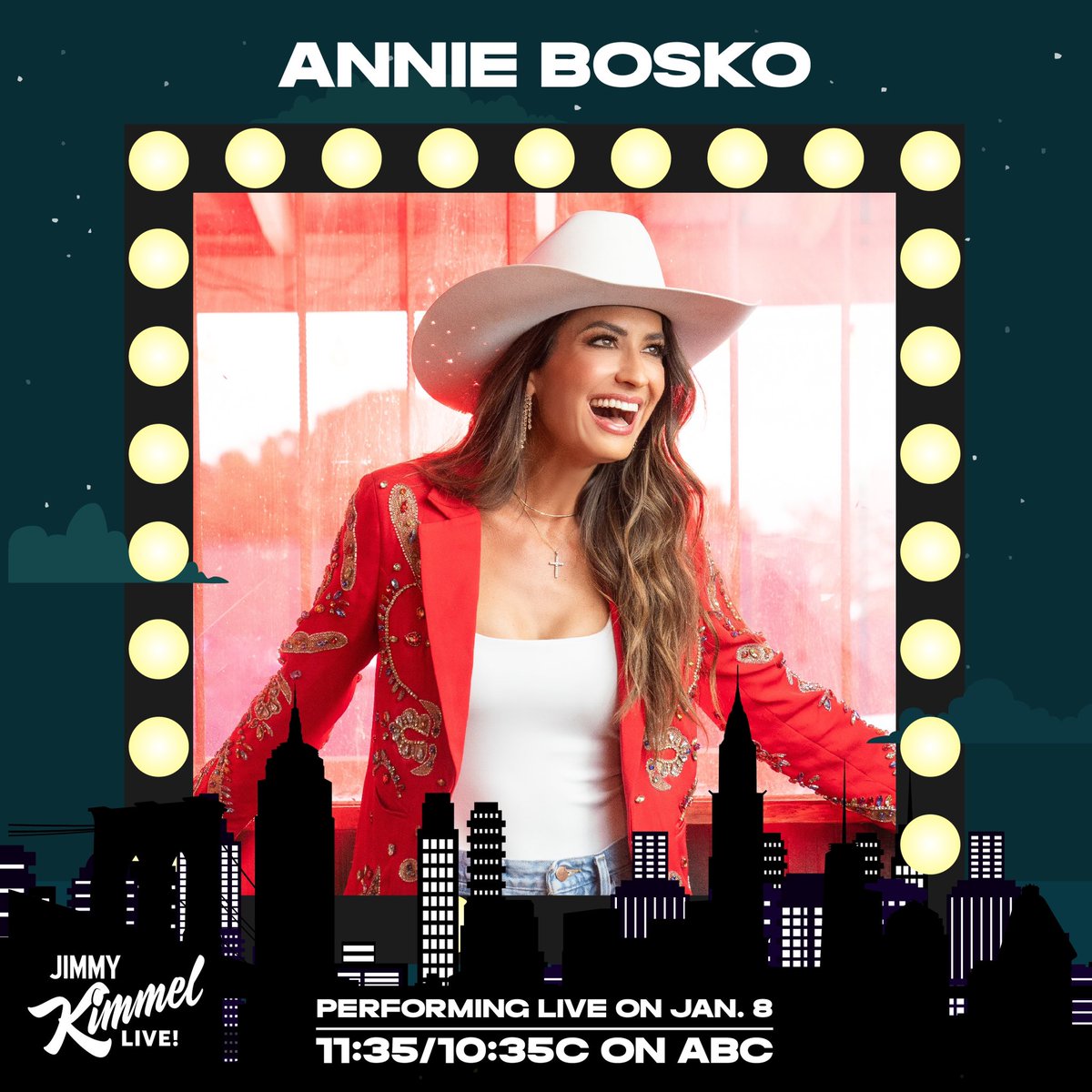 Annie Bosko (@anniebosko) on Twitter photo I am SPEECHLESS! Y’all!!! I am performing on <a href="/JimmyKimmelLive/">Jimmy Kimmel Live</a> this Monday, January 8th! Mark your calendars and check out my new EP that dropped TODAY! Let’s go 2024! 🙏🤠🫣💖 I am SPEECHLESS! Y’all!!! I am performing on <a href="/JimmyKimmelLive/">Jimmy Kimmel Live</a> this Monday, January 8th! Mark your calendars and check out my new EP that dropped TODAY! Let’s go 2024! 🙏🤠🫣💖