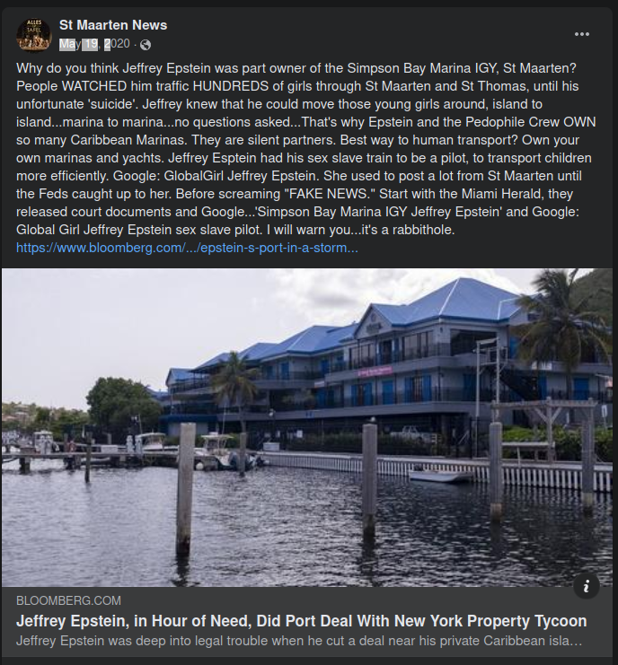 Casimir_Noir's tweet photo. St Maarten News / May 19th 2020
" Why do you think #JeffreyEpstein was part owner of the Simpson Bay Marina IGY, #StMaarten? (#SaintMartin)
People WATCHED him traffic HUNDREDS of girls through St Maarten and St Thomas, until his unfortunate 'suicide'.
https://t.co/mhSY9vukah https://t.co/L3fkRRPPMz