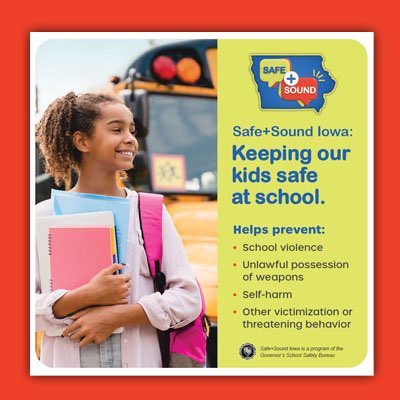 Safe+Sound lowa is available 24/7 for parents and students to anonymously report your school safety concerns: 👩‍💻 dps.iowa.gov/SafeandSoundIo… 📞 800-224-6018 📲 Safe+ Sound lowa mobile app #SafeSoundlowa