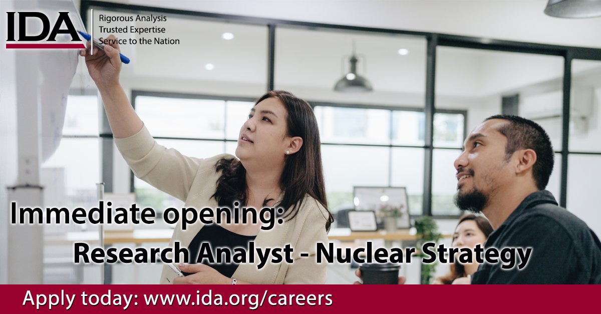 We’re seeking a Research Analyst to contribute to analyses principally focused on #nationalsecurity strategy, policy, &amp; plans that guide nuclear deterrence &amp; assurance capabilities of the #nuclear enterprise. To learn more, visit our careers website: idalink.org/RA-Nuclear-Str…