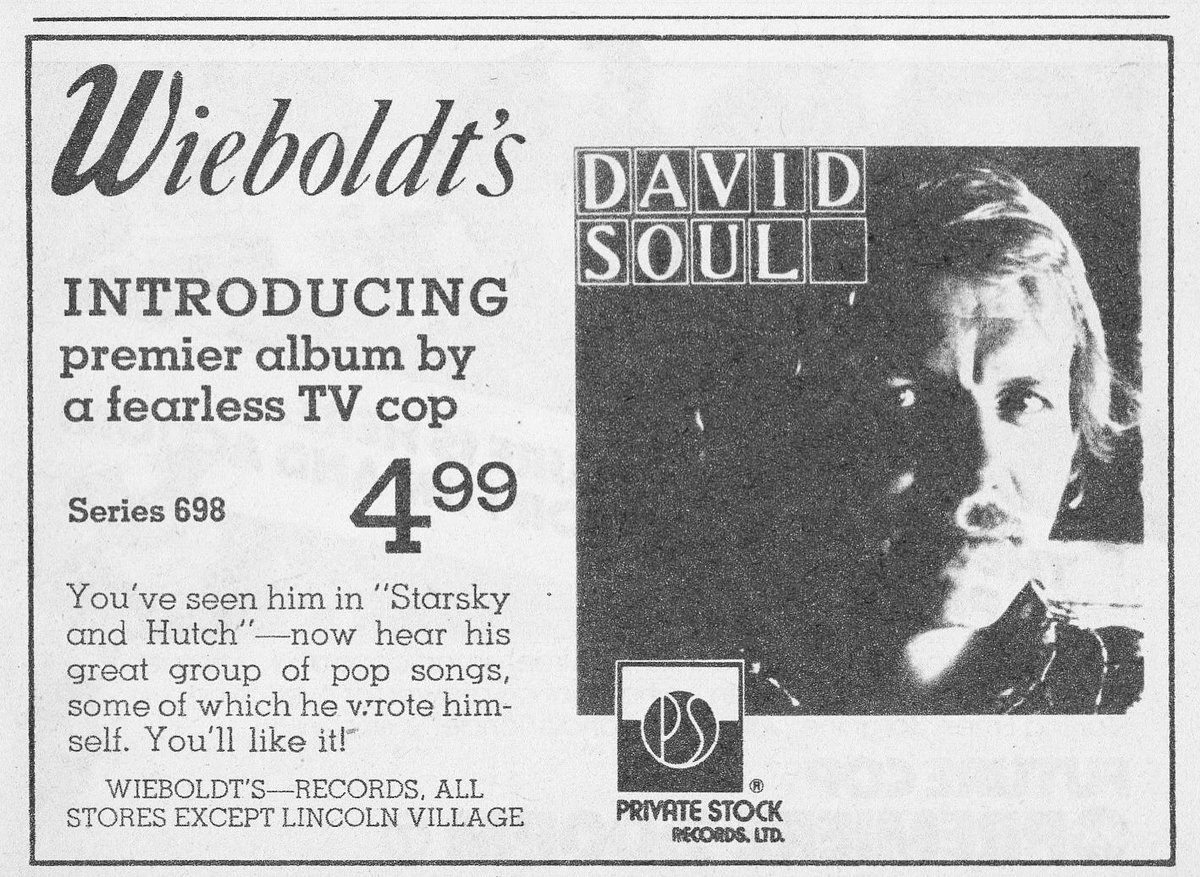 Actor David Soul has passed away. He was 80. Here is an ad for Wieboldt’s Department Store featuring him and his debut album in 1977. I will do a tribute episode on my podcast Vanished Chicago Stories this weekend! #DavidSoul #RIPDavidSoul