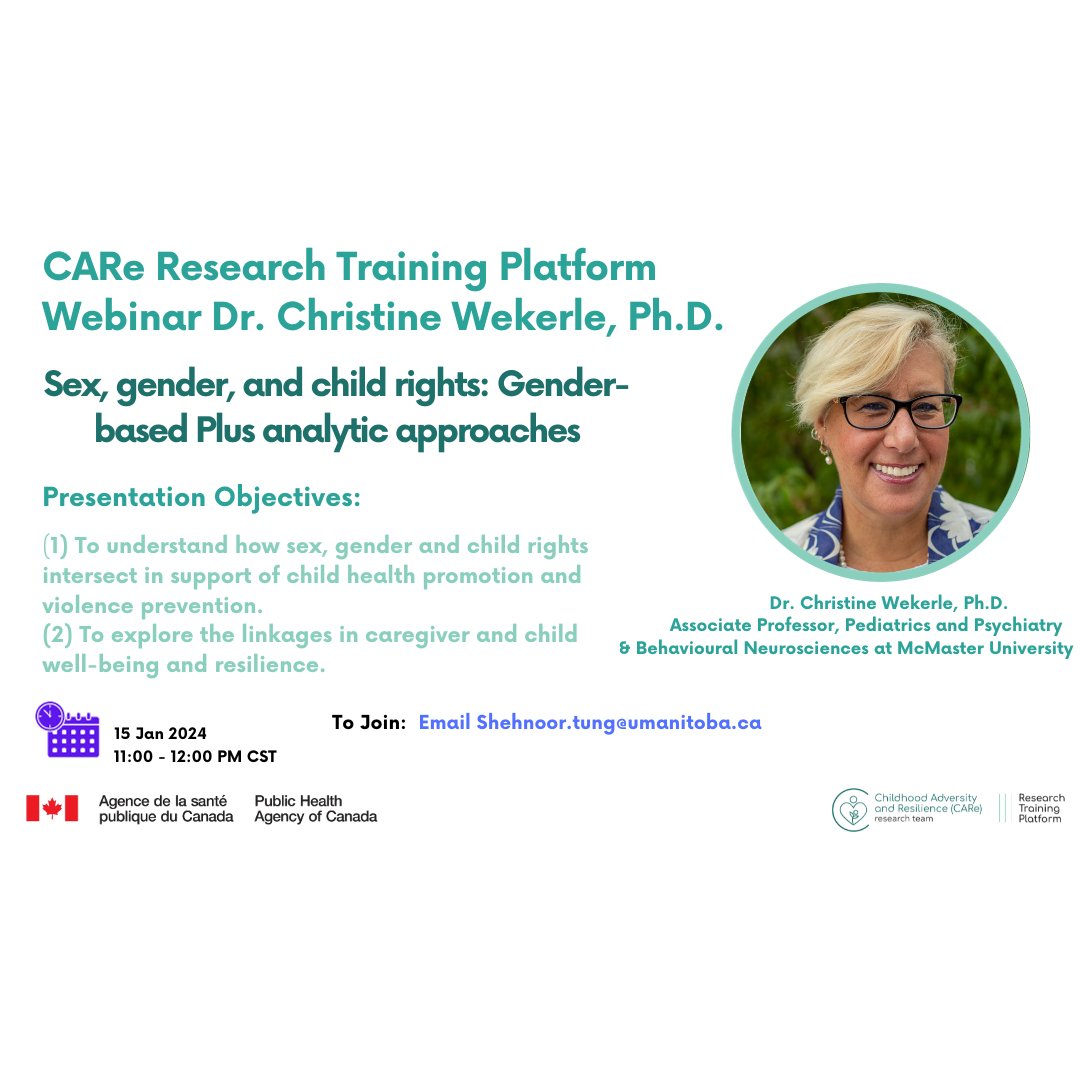 CAReRTP's tweet photo. Dr. Christine Wekerle will be presenting on topic of "Sex, Gender, and Child Rights: Gender-based Plus analytic approaches". To join please email Shehnoor.tung@umanitoba.ca https://t.co/CVIOpfGBQc