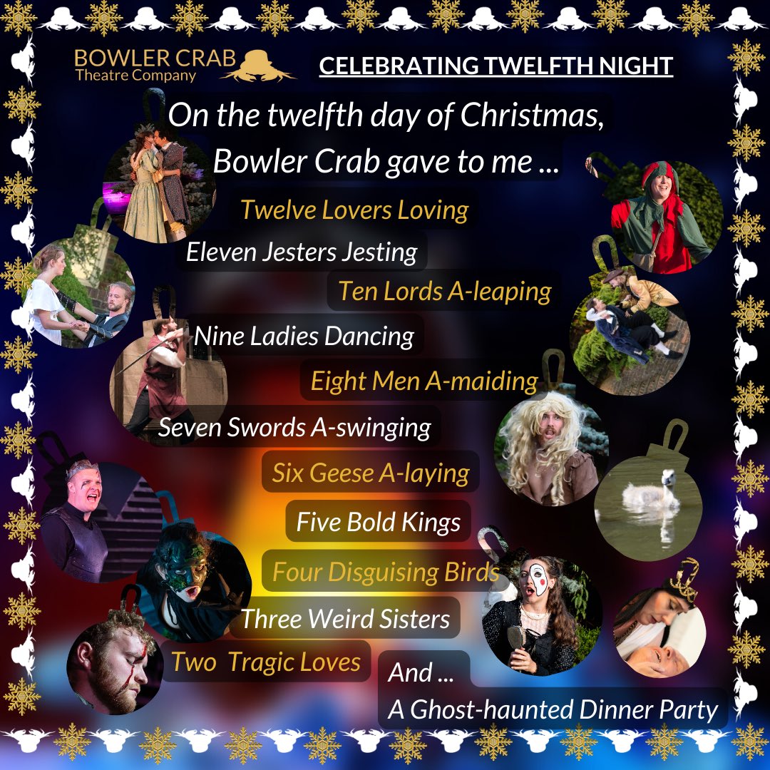 HAPPY TWELFTH NIGHT ONE AND ALL!

‘On the twelfth day of Christmas, Bowler Crab gave to me …

TWELVE LOVERS LOVING’

#christmas  #shakespeare #Shakespearequotes  #shakespearechristmas #twelfthnight #twelvedaysofchristmas #bowlercrabtheatre #twelfthnightcountdown