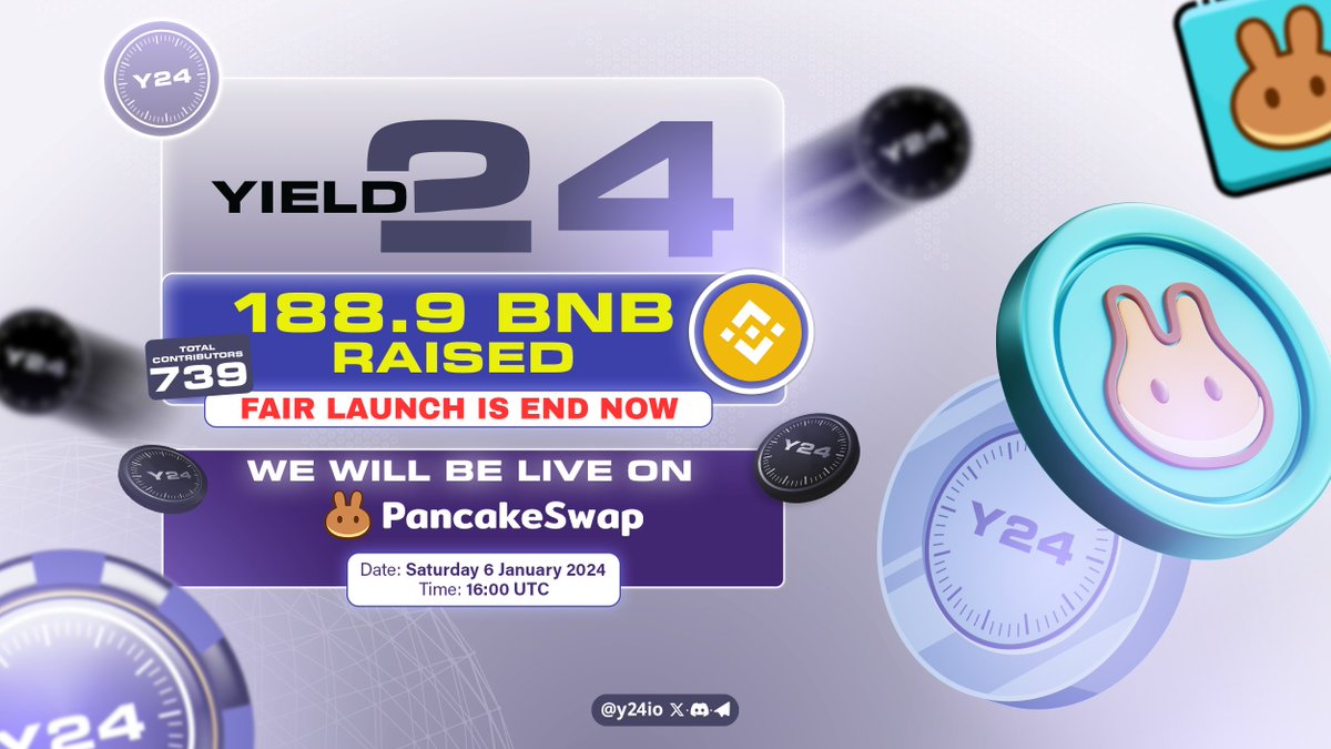 Y24io's tweet photo. 🚨The Fairlaunch is now closed 🚨

💎Y24 Secured 188.9BNB with 739 Contributors  🚀

🫡A big thank you to our community!

⏰PCS listing time : 6th Jan | 16:00 UTC 

⚡️Trade Here: https://t.co/KWONQUV1jI

🎯Note:

✅User allowed to claim all their tokens 16:00 UTC from Pinksale 

💪Huge Marketing is on its way sit back and relax Y24 Team is here for you 🥳