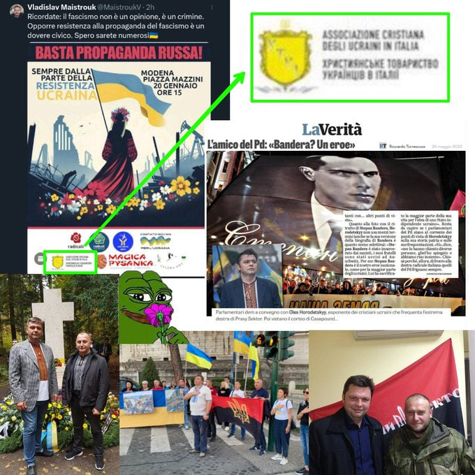 AndreaLucidi's tweet photo. Qui il manifesto della manifestazione convocata a Modena il 20 gennaio per protestare contro la conferenza su Mariupol. Tra i gruppi promotori c'è la famosa associazione dei cristiani ucraini, presieduta da Oles Horodetskyy. Horodetskyy negli anni scorsi è stato immortalato davanti alla tomba del noto nazista ucraino Stepan Bandera e ha dichiarato di considerarlo un eroe. Inoltre appare in diverse foto con i militanti del partito neonazista ucraino Pravy Sektor. 

Ringrazio @MarceVann per la seconda immagine.