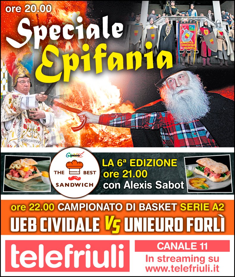 Telefriuli1's tweet photo. Buon sabato e buona Epifania con #Telefriuli ❗️
▶️Diretta sul canale 11 del digitale terrestre
▶️Streaming su: https://t.co/DYALOjuu5k
▶️I programmi di oggi: https://t.co/RVfLKqKEjn
#befana #epifania #pignarul #tarcento #basket #pallacanestro @thebestsandwichita https://t.co/wQjPeV14hy