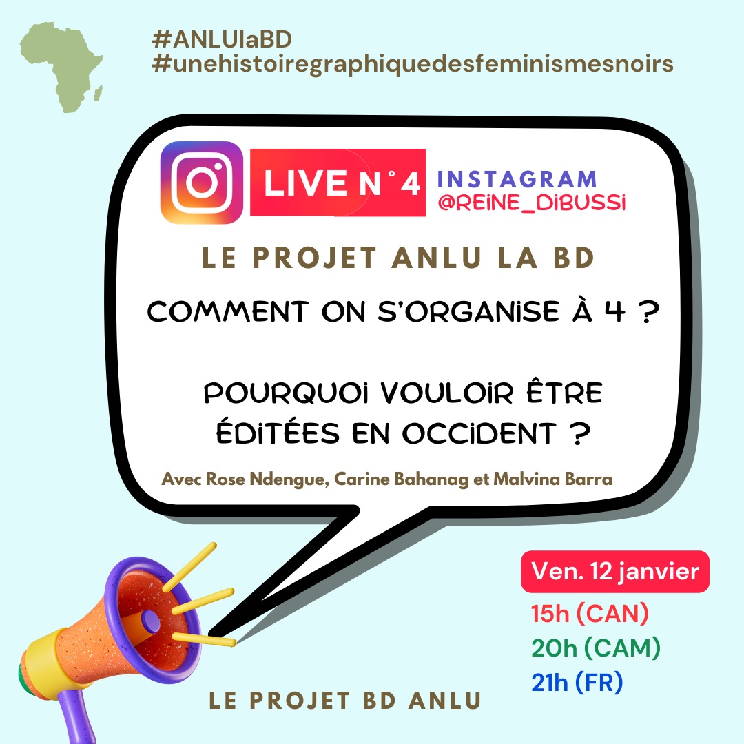 AnluLaBD's tweet photo. 🚨📆Retrouvez l'équipe du projet #ANLUlaBD le 12 janvier pr 1 live Instagram s/ la page de Reine Dibussi, autour de 2 sujets: "Comment on s'organise à 4?" et "Pourquoi vouloir être éditées en Occident? "
RDV à 20h (CMR), 15h (CAN), 21h (FR)
#Unehistoiregraphiquedesfeminismesnoirs https://t.co/bq6ToPFKhG