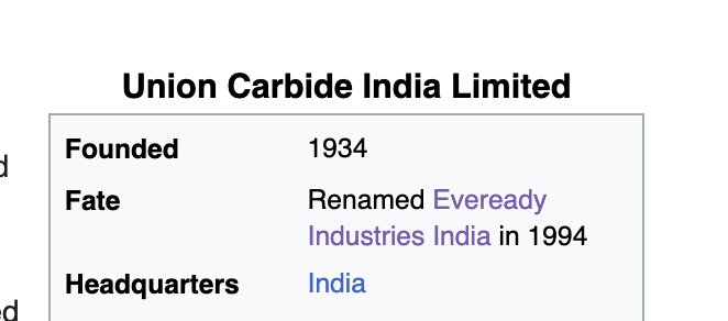 Was looking up the Union Carbide after Railway Men and found out the company responsible for the biggest industrial tragedy in the world now makes batteries that are present in literally every Indian household.

GIVE ME RED.