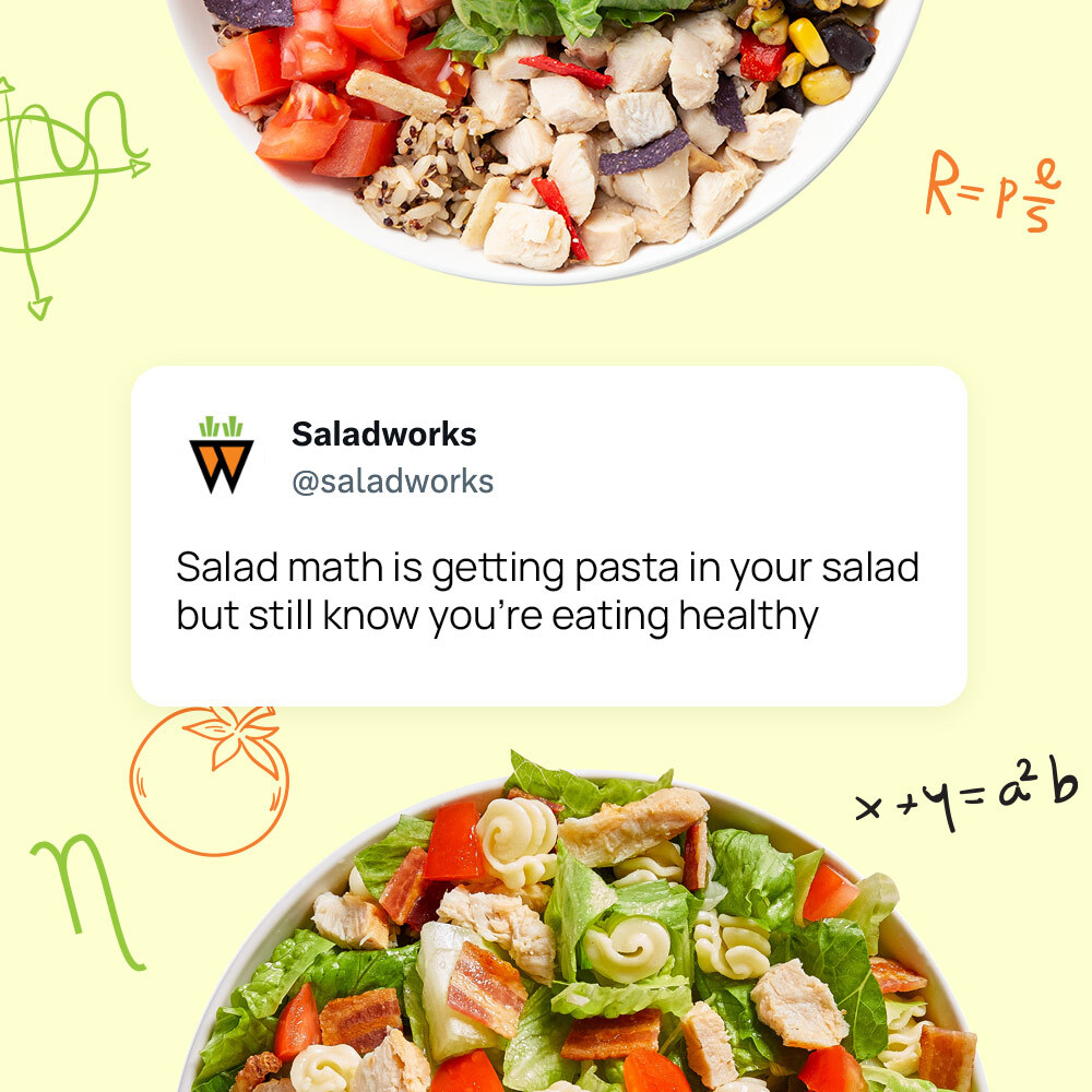 Girl Math <<<< Salad Math 🥗  Visit 6 times in January and spend $20
each visit, earn a $20 reward. Saladworks Rewards members only.