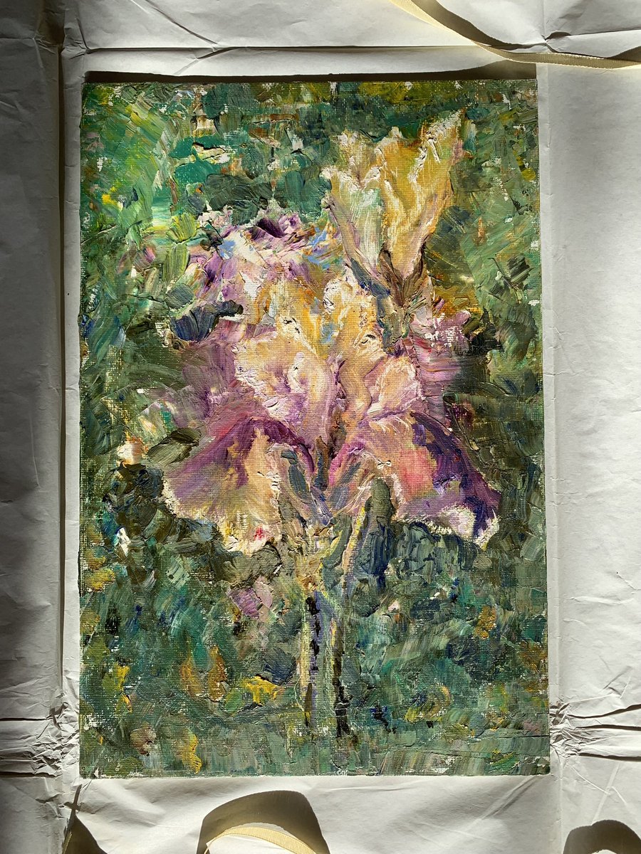 Iris Flower Art is a small painting from #Ukraine. Thank you, <a href="/phelatatyana/">Tatyana Phelnikova</a>! Please send my compliments to your parents for maintaining such an inspirational garden. 🥰 And, of course, they're lucky to have you to immortalize their efforts. 🎨🇺🇦