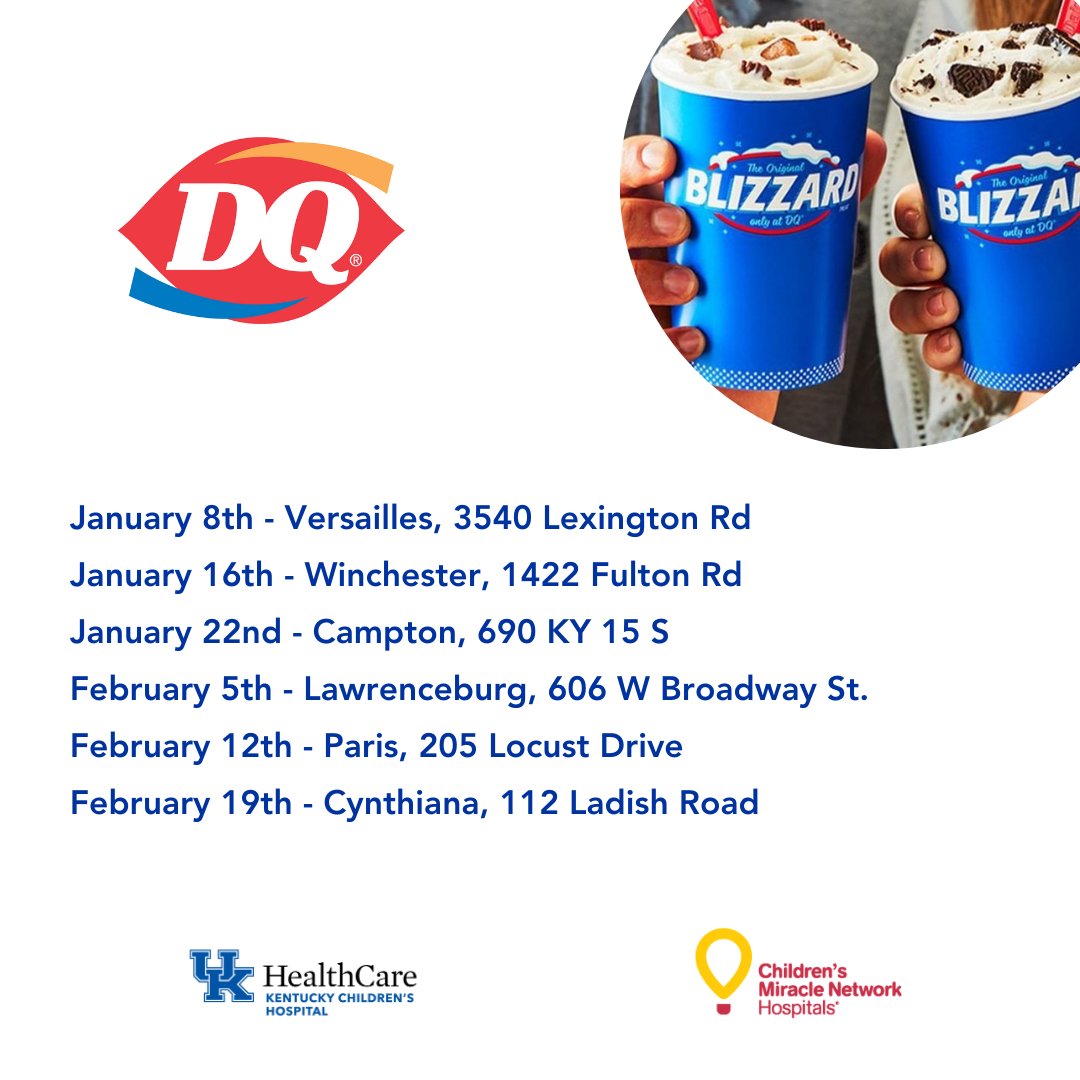 Dairy Queen is giving back!! Every Monday night, participating Dairy Queens across Kentucky are donating a portion of their sales to support @KCHKids. Swipe right to see which locations are participating! @CMNHospitals #KidsCantWait #ChangeKidsHealth