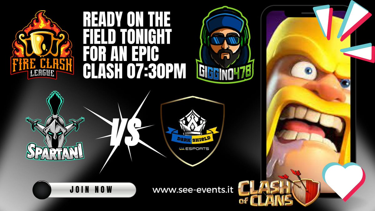 Vi aspetto

Per il torneo
Fire Clash League

Ore 19:30

In Live su:
Youtube <a href="/Giggino478/">Giggino478</a>
Twitch <a href="/Giggino478/">Giggino478</a>
Tik-Tok <a href="/EsportsSee/">SERVICE E SPORTS EVENTS SRLS</a>