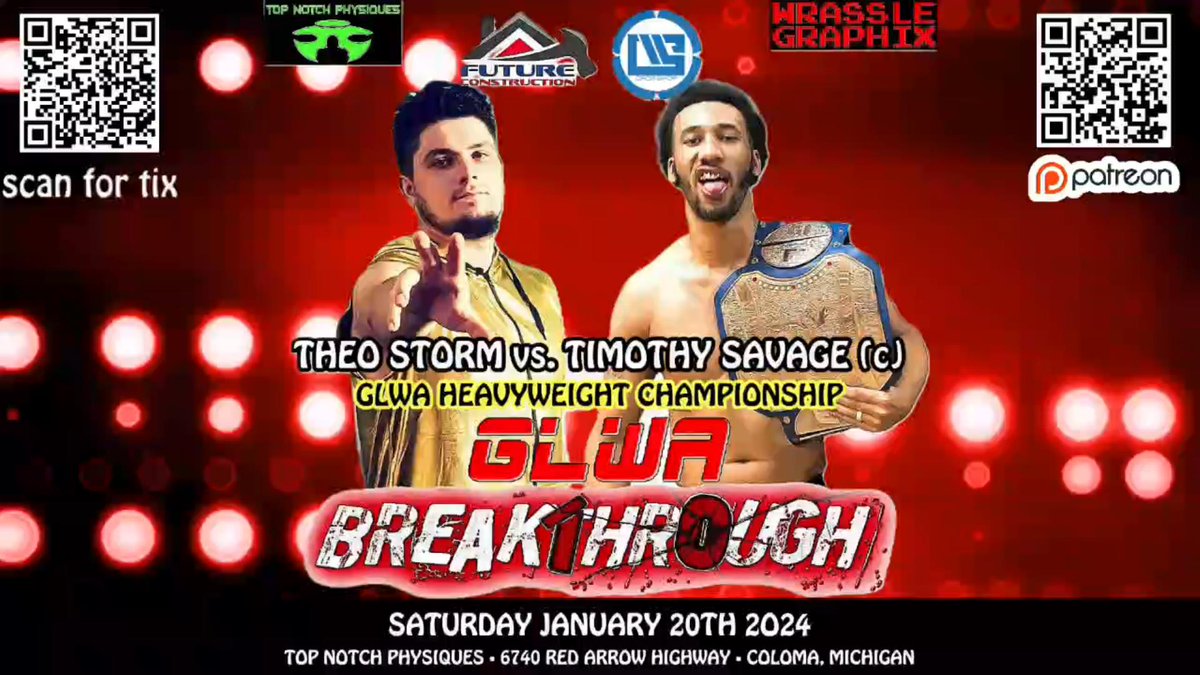 Get your tickets or order the Digital Live Stream now!
glwawrestling.ticketleap.com/breakthrough-2…
 2023 Savage had a record year becoming  the longest reigning GLWA Champion. Theo now finds himself the #1 Contender. Can Theo weather the Storm and defeat Big Champ?