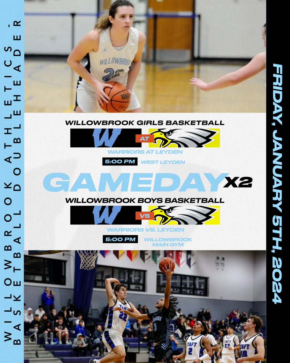 Best of luck to our Boys and Girls Basketball teams as they face Leyden in WSC Gold matchups this evening! The Boys are at home and the Girls are on the road. Varsity games tip off at 5:00 PM! #DubsUp <a href="/WBbball/">Willowbrook Boys Hoops</a> <a href="/WHS_GirlsHoops1/">Willowbrook HS Girls Basketball</a> <a href="/WillowbrookHS1/">Willowbrook HS</a> <a href="/dkrausewb/">Dan Krause</a>