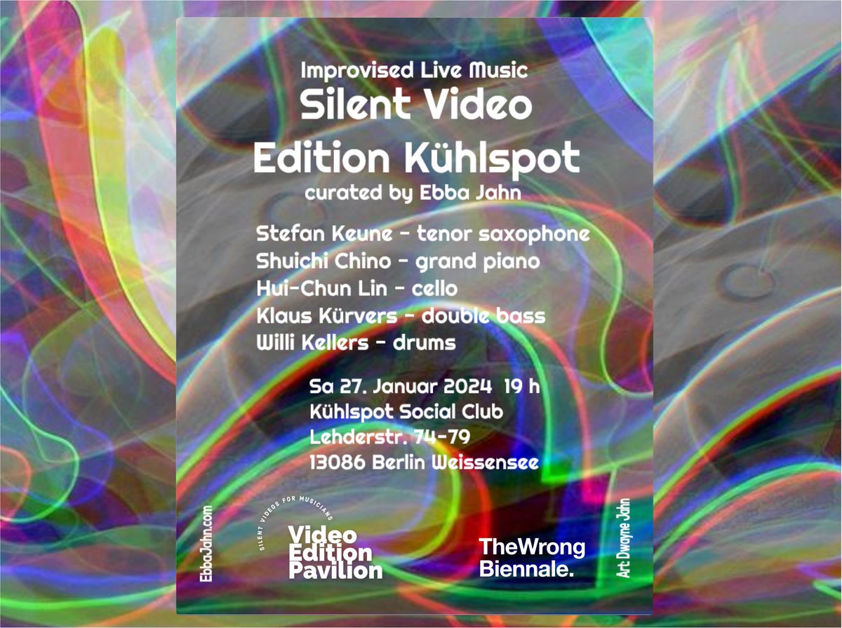 January 27th in Berlin:

SILENT VIDEO EDITION KÜHLSPOT
with improvised music played by:

STEFAN KEUNE - tenor saxophone | de.wikipedia.org/wiki/Stefan_Ke…
SHUICHI CHINO - grand piano | commons.wikimedia.org/wiki/Category:…
HUI-CHUN LIN - cello | huichunlin.com