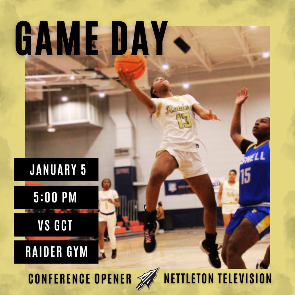 GAME DAY‼️

Lady Raiders kick off 5A East play tonight at home, as they take on the Greene County Tech Golden Eagles! Come out and BE LOUD tonight! 

🗓 January 5th

🕕 6:00 p.m.

🏀 Sr. Girls, Sr. Boys

📍 Raider Gym (Nettleton High School)

💻 Nettleton TV (YouTube)

#SpearsUp