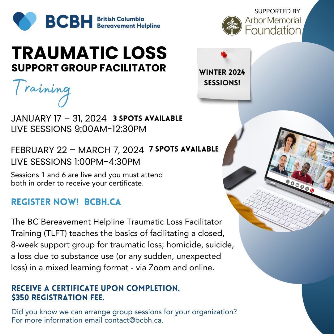 We still have a few spots in our Winter Traumatic Loss Facilitator Training courses! You can view the training dates, details, and register on our website here: buff.ly/3vah2Us