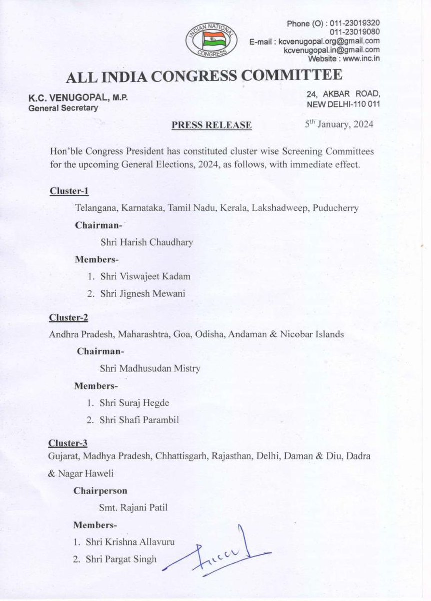 JVSinghINC's tweet photo. I would like to thank the Congress leadership for giving me an opportunity to be part of the cluster level screening committee for the Lok Sabha elections. We will strive and work hard to give the Congress party an overwhelming majority in the upcoming elections. 
@RahulGandhi @kharge @priyankagandhi