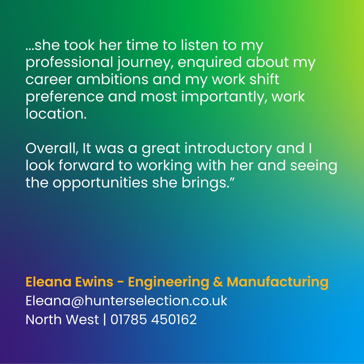 HunterSelection's tweet image. We&apos;re already on our second week of 2024 which means the second #TestimonialTuesday😲

This week, we have an incredible testimonial from one of our #NorthWest consultants in our Stafford office, Eleana🤩

📞 01785 450162
📧 Eleana@hunterselection.co.uk

#technicalrecruitment
