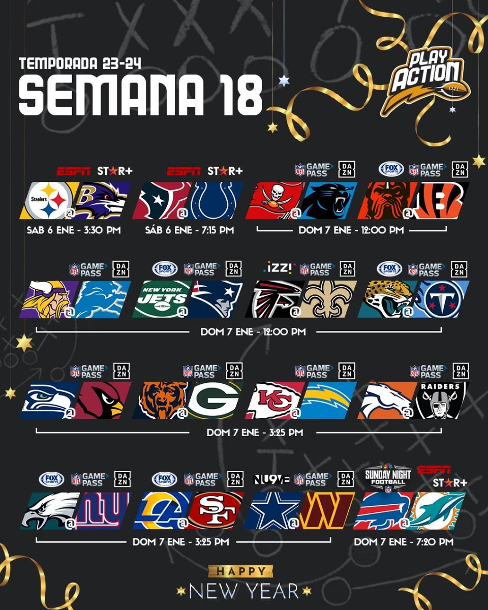 PlayActionMX_'s tweet photo. SEMANA 18 🏈
No te puedes perder la última semana de temporada regular de la NFL donde 11 equipos se están jugando su pase a la postemporada 😱
¿Cuál será el juego de la semana?
•
•
•
•
•
#nfl #nflmx #nflplayoffs #nfl23 https://t.co/JBH8jKNnXT
