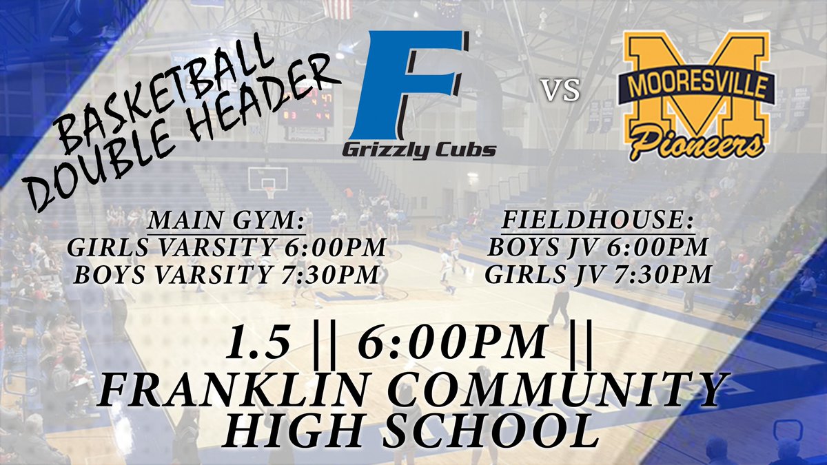 It's a big night of Mid State basketball as <a href="/FCHSladycubs/">Franklin Lady Cubs</a> and <a href="/Franklin_Hoops/">Franklin Grizzly Cubs Hoops</a> host Mooresville in a boy/girl doubleheader. Girls varsity starts the night off at 6 with the boys varsity to follow. Make your way to FCHS tonight to support our basketball teams! #TFW