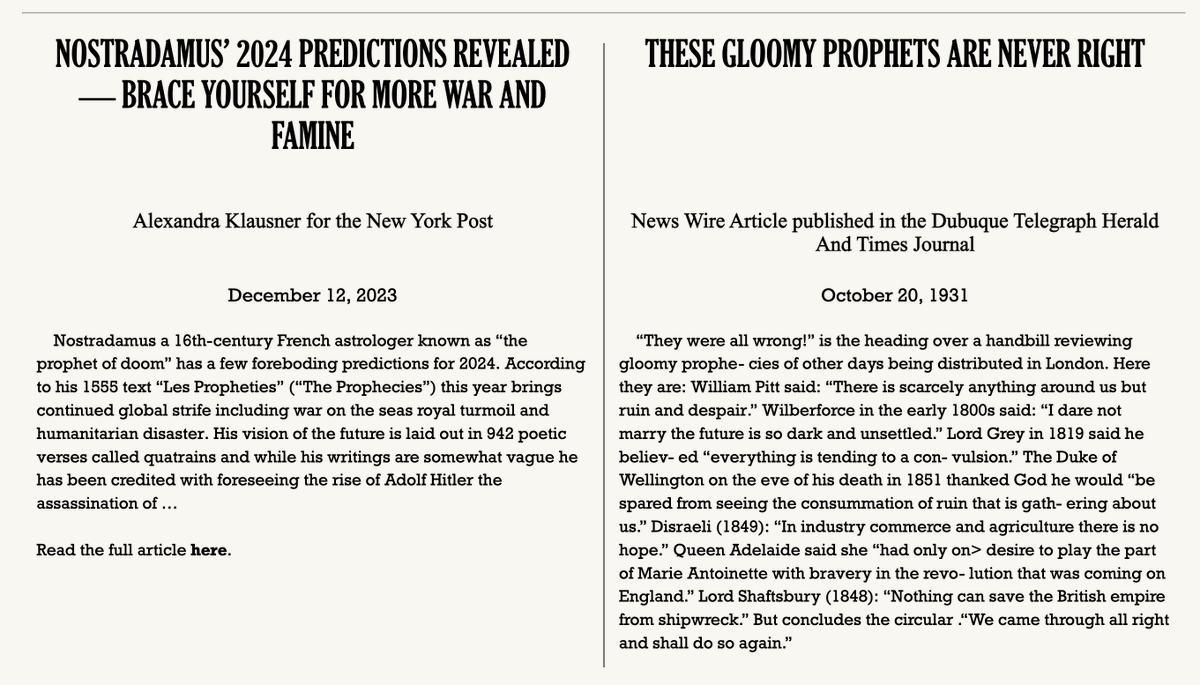 Melissa Dell (@melissaldell) on Twitter photo Thanks <a href="/pquerubo/">Pablo Querubin</a> for suggesting we use AI to query historical articles most similar to 2024 predictions. The model pulled celebrity psychic Jeane Dixon (1969) on Vietnam and a 1931 article on the folly of gloomy prophecies. newsdejavu.github.io/niels%20bohr/k… Thanks <a href="/pquerubo/">Pablo Querubin</a> for suggesting we use AI to query historical articles most similar to 2024 predictions. The model pulled celebrity psychic Jeane Dixon (1969) on Vietnam and a 1931 article on the folly of gloomy prophecies. newsdejavu.github.io/niels%20bohr/k…