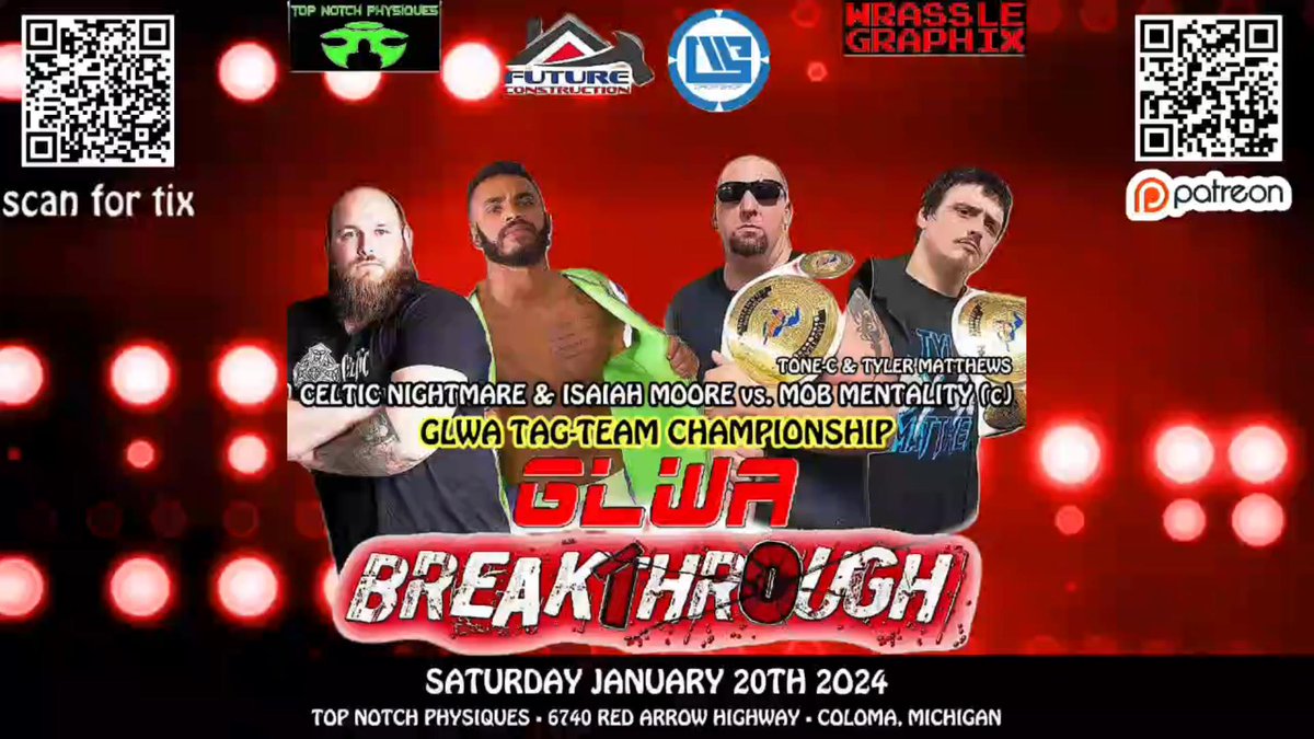 Get your tickets or order the Digital Live Stream now!
glwawrestling.ticketleap.com/breakthrough-2…
After winning the Miracle on 34th Street Fight. All 3 members of ToG are getting title shots. It's Isaiah Moore &amp; Adam O'Keefe vs Mob Mentality for the Tag Team Championship!