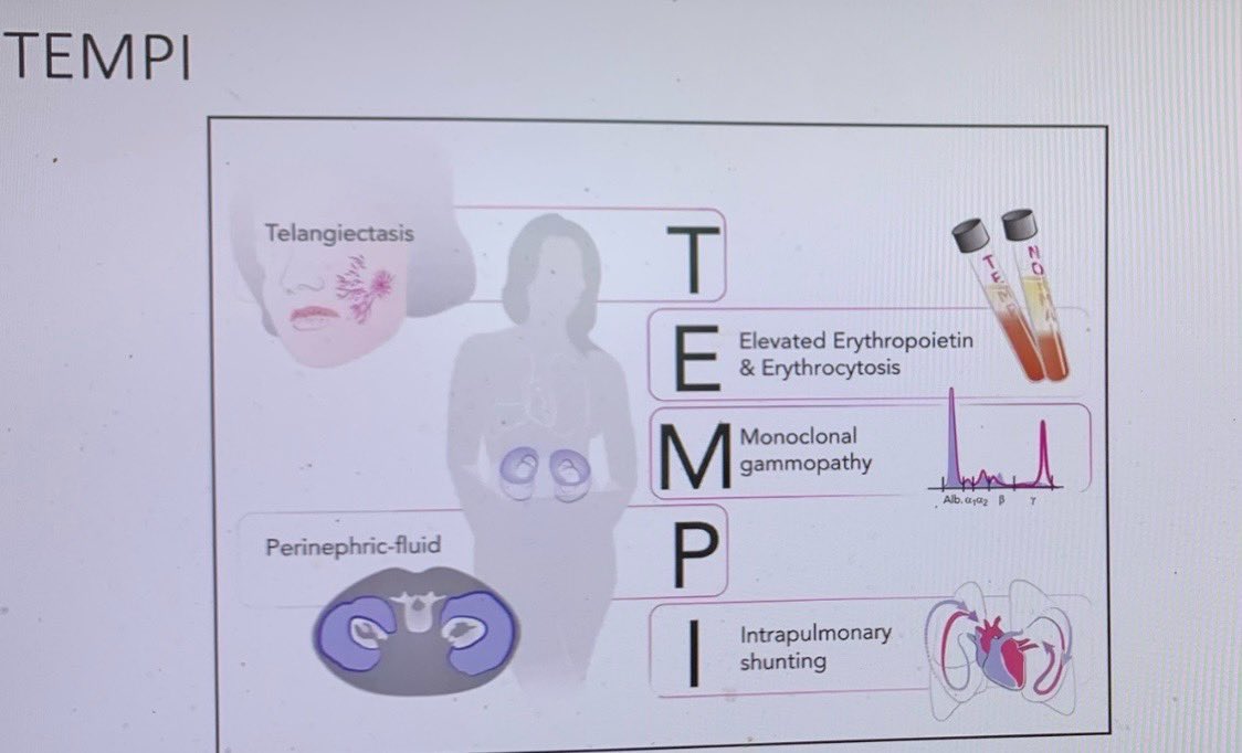 DavidACohen3's tweet photo. Clinical Pearl of the Day # 3 from Papa Heme's @AaronGoodman33 virtual Grand Rounds @ Lankenau on Monoclonal Gammopathies:  TEMPI Syndrome. I used to ask about this in Medical Jeopardy.  @tamer_khashab @acweyand @connors_md @EricStarFox @AlishaMaity @TTelvizian @KDaugherty22 https://t.co/FmdIYYYuZ3