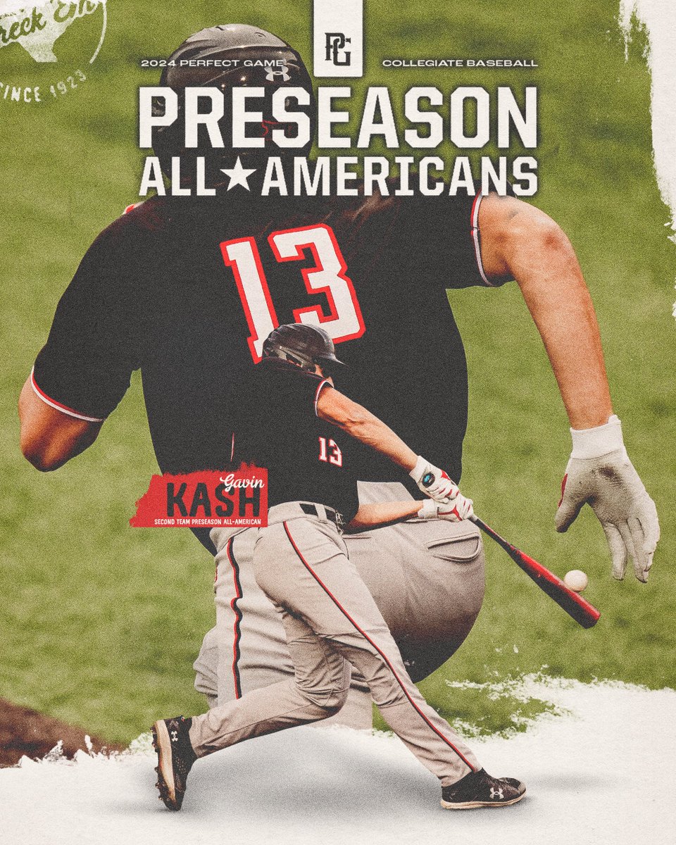 TTU_Baseball's tweet photo. Back and ready for more 😤

@Gavinkash6 🤝 Preseason All-America!
 
Off a strong season that featured a Big 12 leading 26 homers and 84 RBIs, Gavin Kash has been named to the PG Second Team Preseason All-American list! 

#WreckEm | @PerfectGameUSA https://t.co/TudWhg58Bg