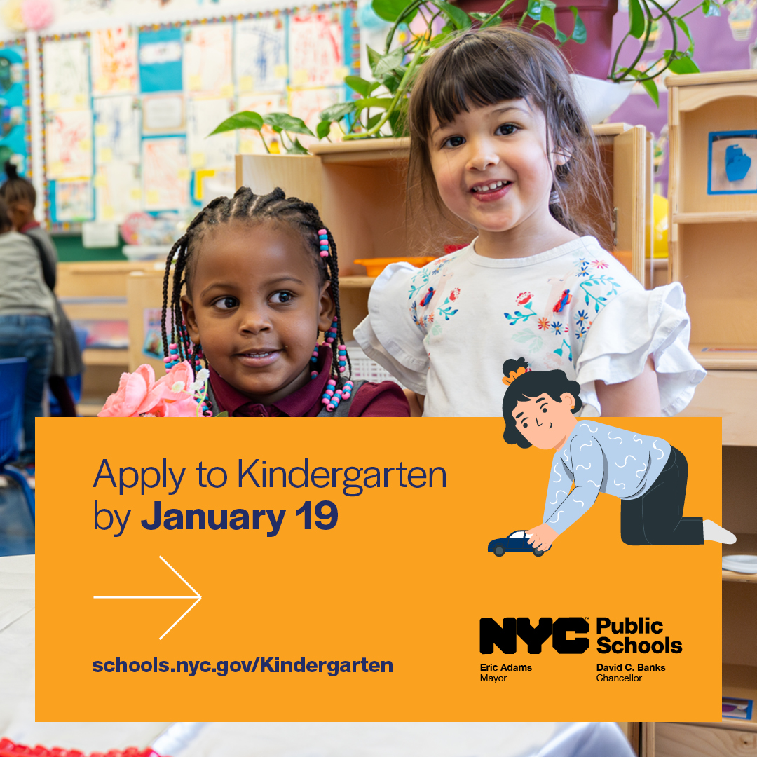📣 Remember, NYC kindergarten applications are due in two weeks on January 19. Learn more and apply here: on.nyc.gov/2V2ljTd