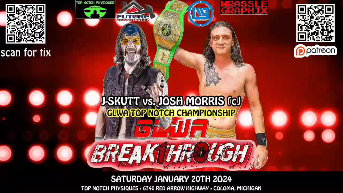 Get your tickets or order the Digital Live Stream now!
glwawrestling.ticketleap.com/glwa-breakthro…

The Saucy Boy looks to continue his reign into 2024, standing in his path is The Frontman. The only one to defeat Josh in 2023 at that.

It's Josh Morris (c) vs J Skutt for the Top Notch Championship!