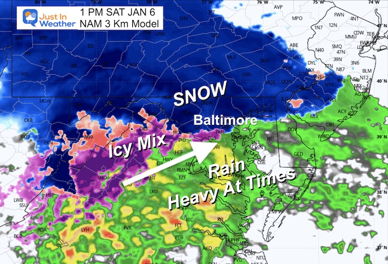 ⚠️ WINTER STORM WARNING and Winter weather Advisories
🌀 Start: Sat AM
👉Key Info ❄️ 🧊 💦 
↔️Compare GFS to NAM 3km Models
Gradient just wet to snow may span 30 miles!
🔗 Full Report: justinweather.com/2024/01/05/win…
🏈 ❄️ 💦 Ravens Tailgate snow/rain by game time or shortly after.