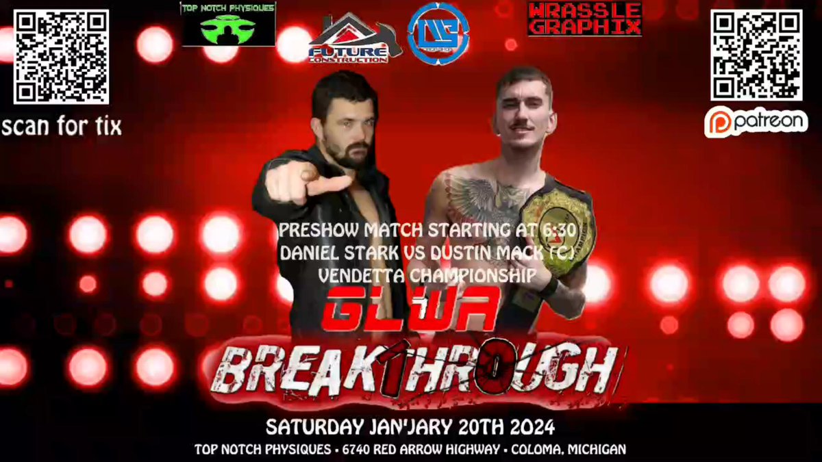 Get your tickets or order the Digital Live Stream now!
glwawrestling.ticketleap.com/glwa-breakthro…

 Dustin Mack (c) vs Daniel Stark for the GLWA Vendetta Championship on our 6:30 Pre Show! Don't miss the 1st Championship match of 2024!