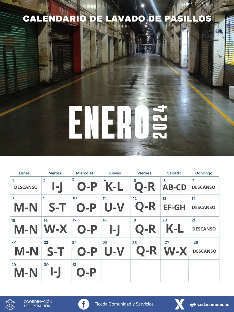 🪣🧹A toda nuestra comunidad, les compartimos el calendario de lavado de pasillos y les reiteramos que los trabajos de limpieza iniciarán a partir de las 16:00 horas.
¡𝗠𝗮𝗻𝘁𝗲𝗻𝗴𝗮𝗺𝗼𝘀 𝗷𝘂𝗻𝘁𝗼𝘀 𝗻𝘂𝗲𝘀𝘁𝗿𝗼 𝗺𝗲𝗿𝗰𝗮𝗱𝗼 𝗹𝗶𝗺𝗽𝗶𝗼!🤝