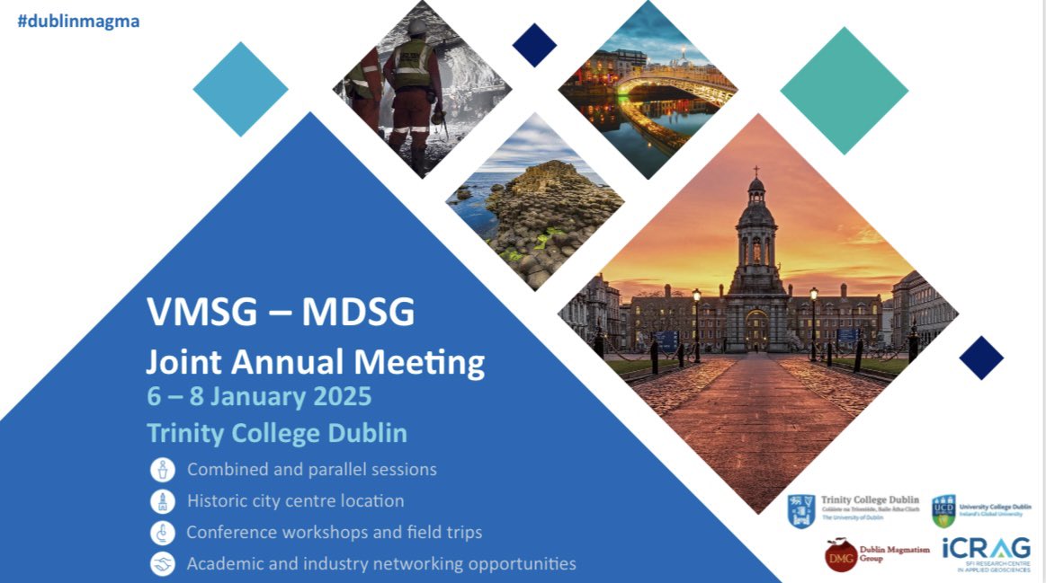 We’re delighted to announce that we’ll be hosting a joint annual meeting of @vmsg_uk and @MDSG_UK in January 2025! Located in the heart of #Dublin the meeting will promote cross disciplinary collaboration and industry engagement! @TCD_NatSci @UCD_Earth_Sci @iCRAGcentre