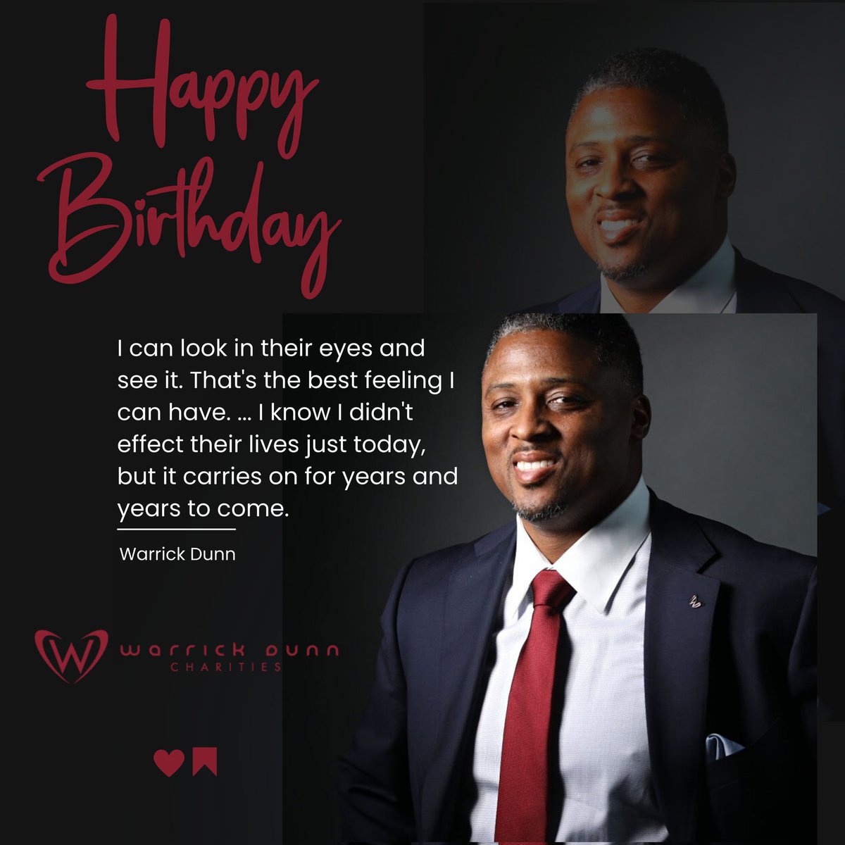 Happy Birthday to our founder, @warrickdunn an extraordinary man and servant leader. The world became a better place to live in the day you were born. You were born for greatness, and it's evident from the records you had playing football to the impact you left off the field.