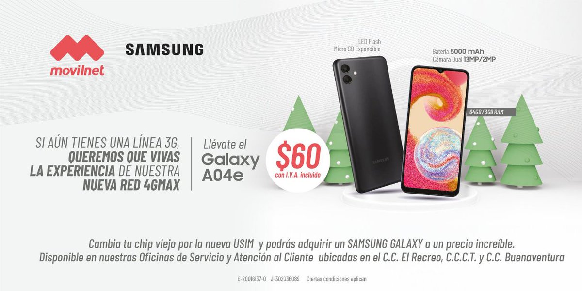 📍Adquiere un smartphone Samsung A04e en @SomosMovilnet_ por tan solo 60$ 💥Pantalla de 6.5 pulgadas 💥Cámara trasera de 13 megapíxeles 💥Batería de 3000 mAh 💥64 GB de memoria interna. #Movilnet 🧡 #PuebloLegisladorDePaz
