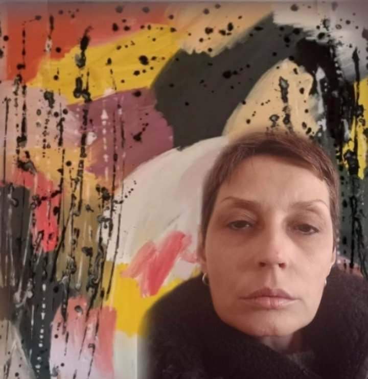 Me Branka Jovanovic my painting abstract landscape acrilic colors on canvas dim 1m with 1m behind me